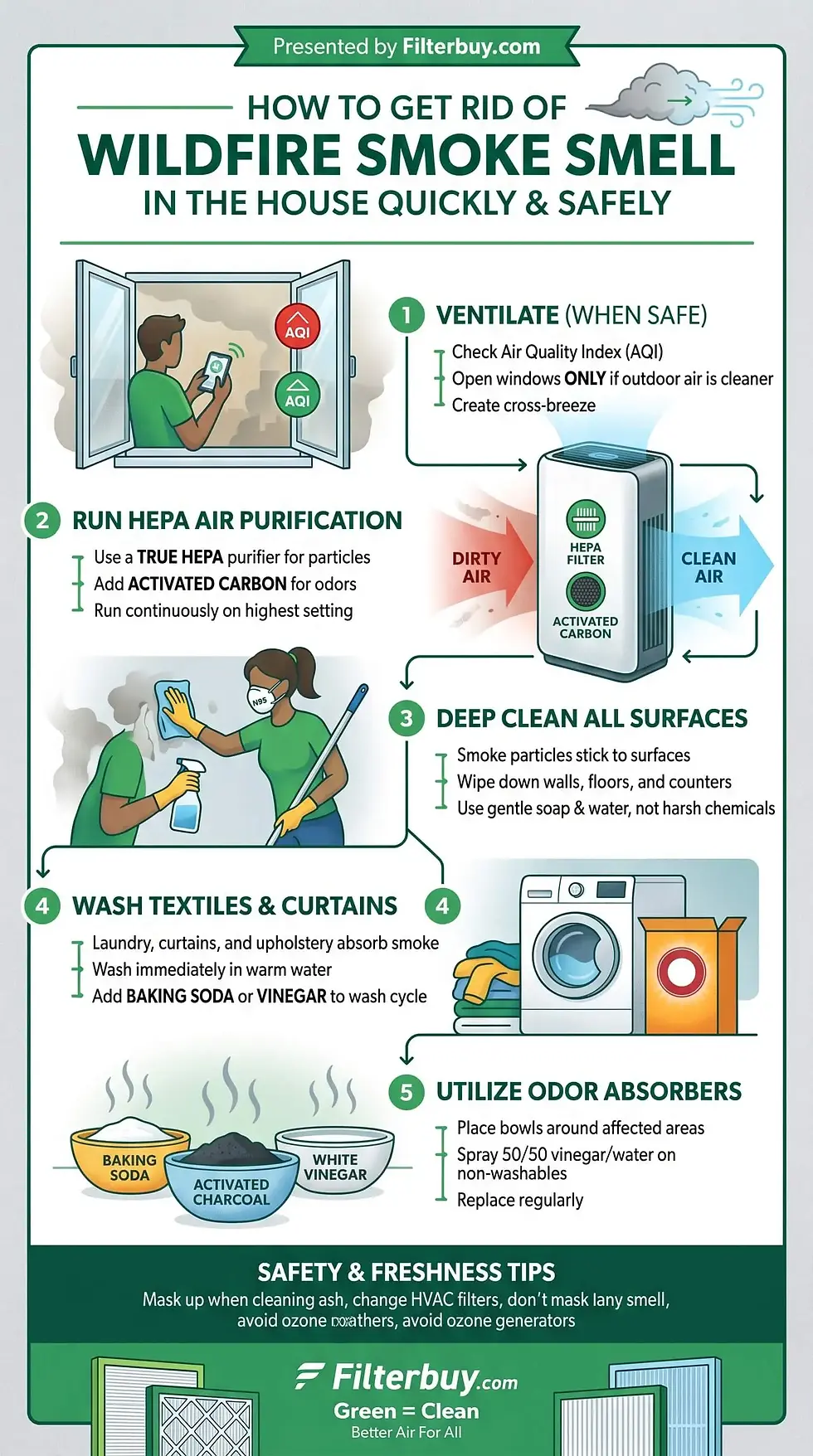 Infographic of How to Get Rid of Wildfire Smoke Smell in the House Quickly and Safely.