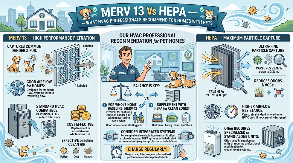 An image of a professional guide helps you choose between HEPA and MERV 13 air filters.