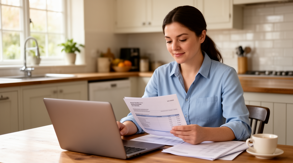 Empregador doméstico revisando folha de pagamento no laptop.
