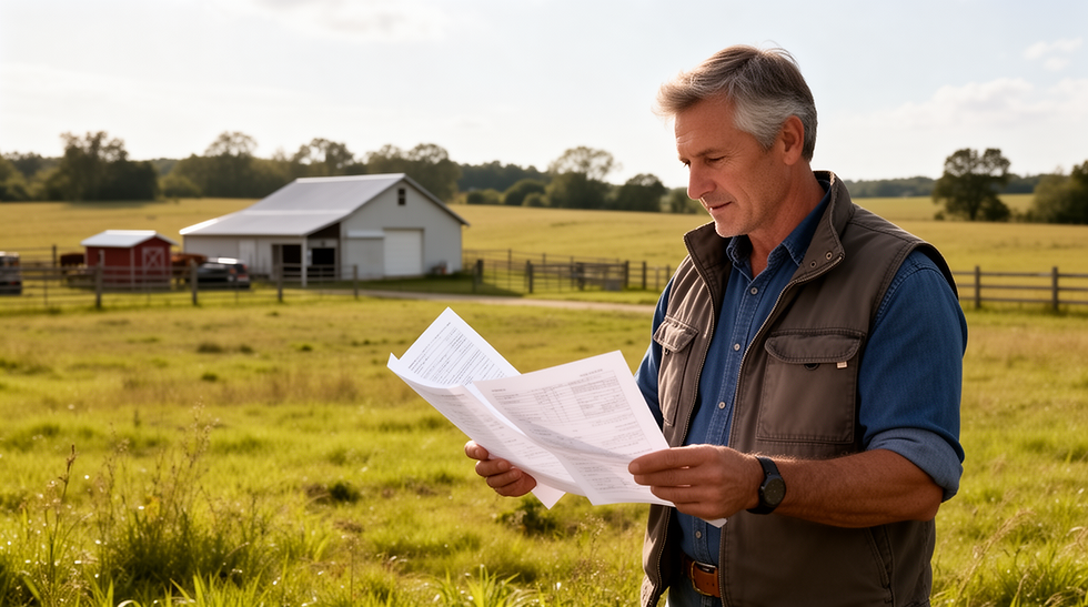 Proprietário rural revisando documentos da terra ao ar livre.