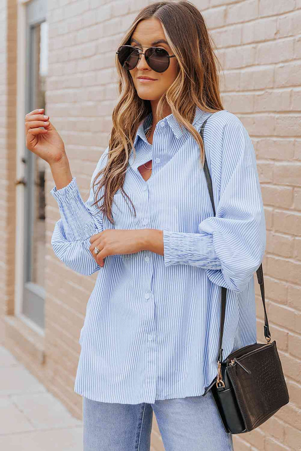 Thumbnail: Chic Lantern Sleeve Striped Shirt