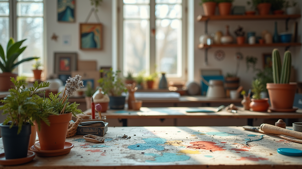 Vue en plongée de l’atelier de peinture décorative avec outils et meubles en cours de transformation