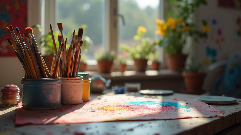Vue rapprochée d’un atelier de peinture avec des pots de peinture colorée et des pinceaux