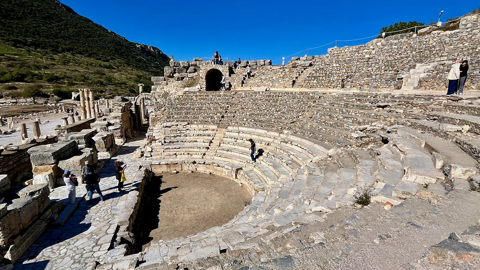 This is not the great theater of Ephesus. That structure near the entrance of the city is undergoing major renovations and not yet available to tour, but this smaller structure at the other end of the city was open.