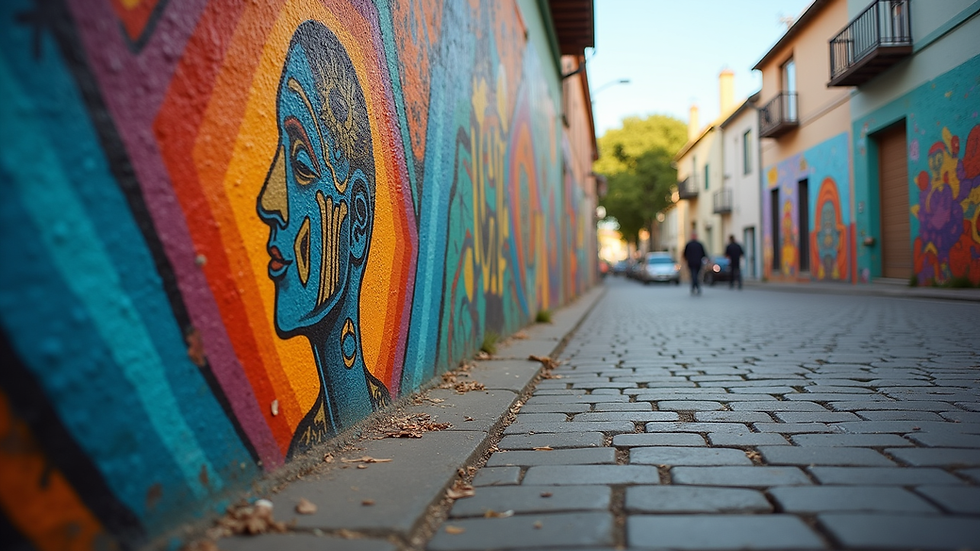 Eye-level view of a vibrant street mural depicting themes of peace and unity