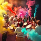 Drum circle of mixed races, each with their own drum- use a variety of types. Include clou