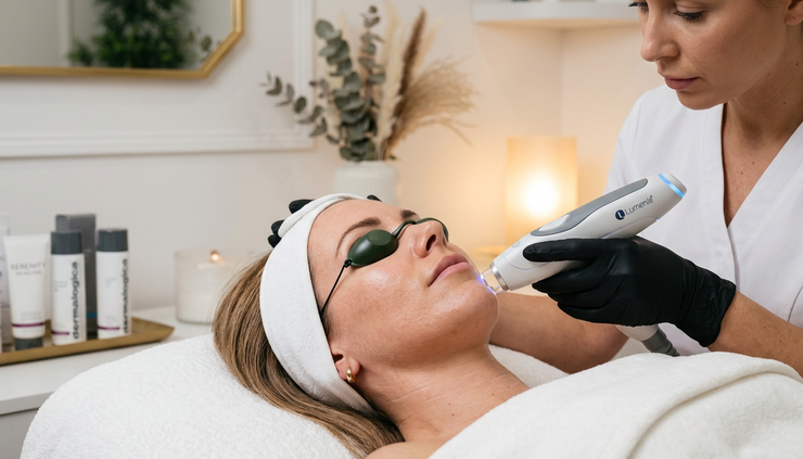 Close-up view of a client receiving a gentle laser skincare treatment