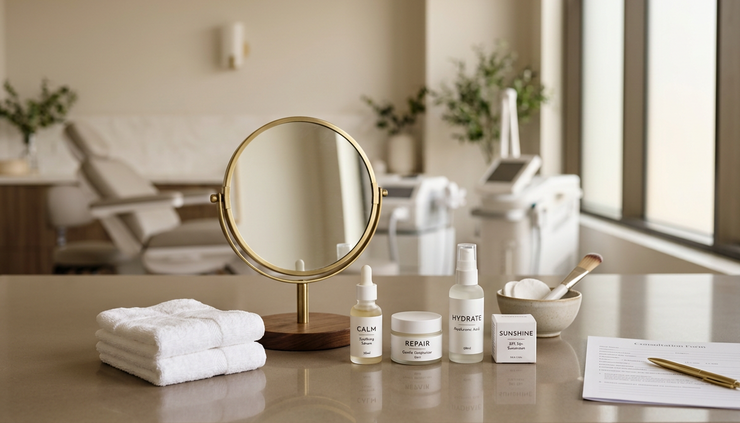 Eye-level view of a skincare consultation setup with a mirror, clean towels, and simple aftercare products.
