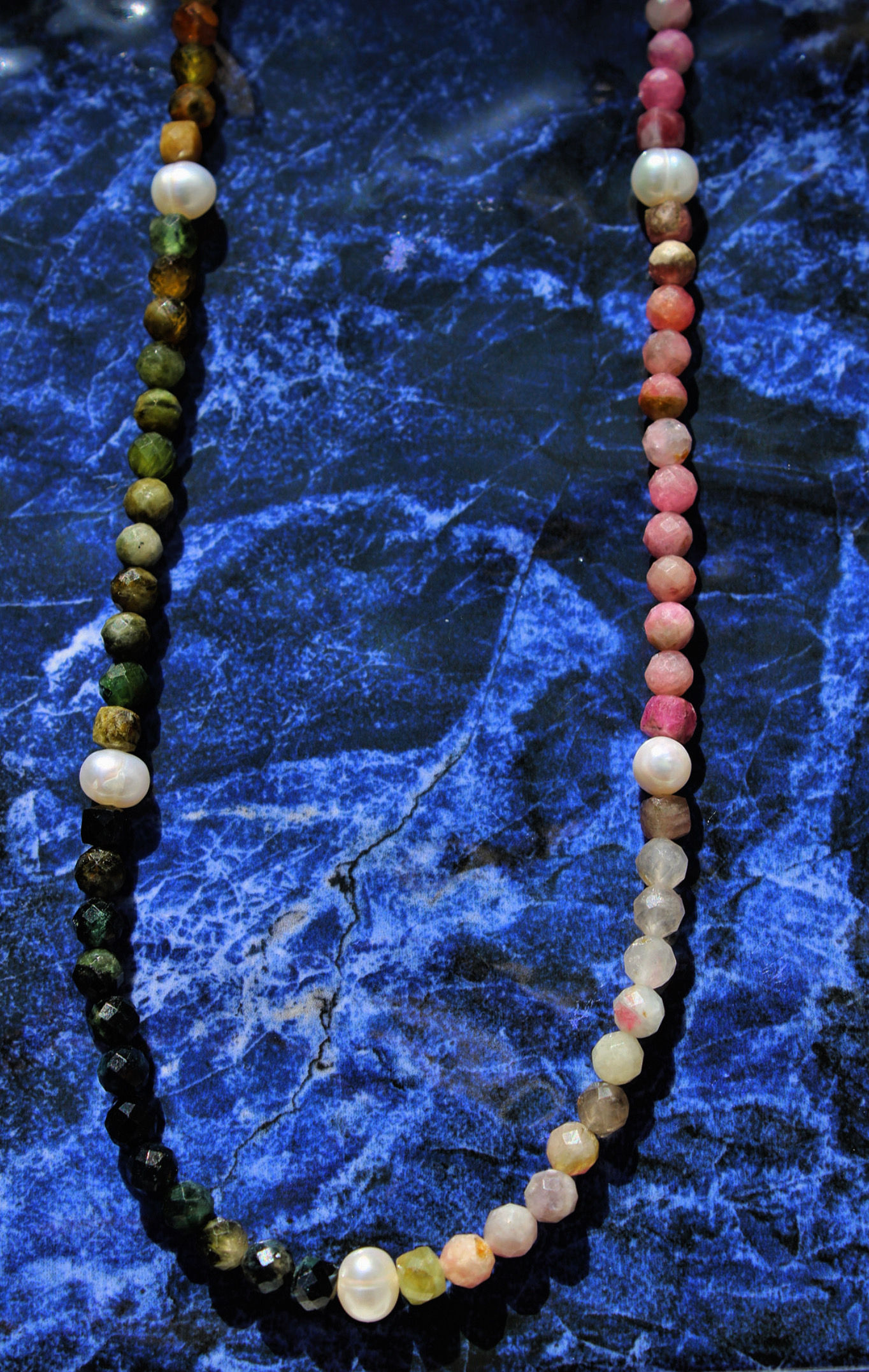 Long watermelon tourmaline and pearl necklace