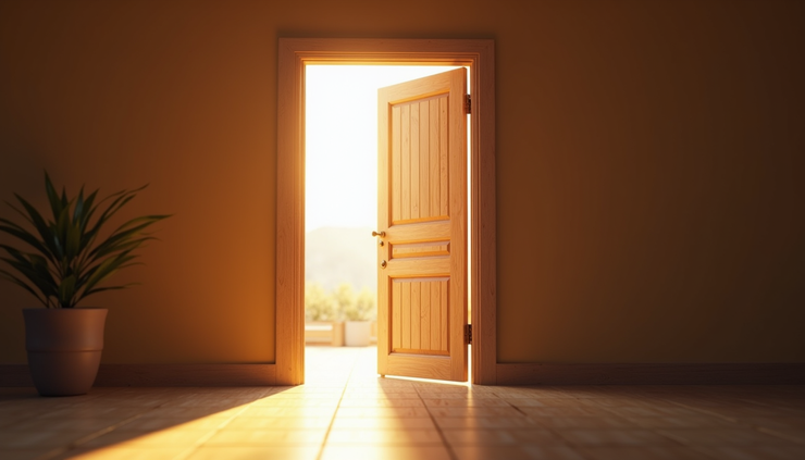 Eye-level view of a wooden door slightly open with sunlight streaming through the gap
