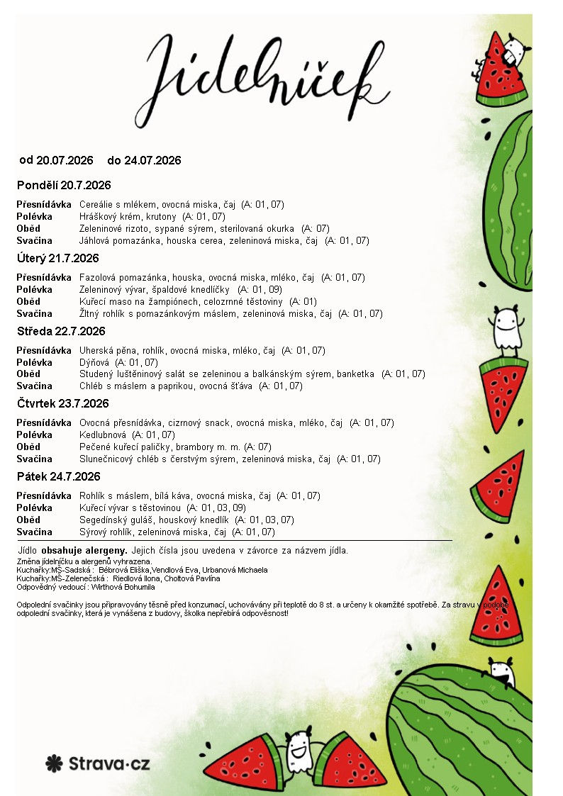 Jídelníček od 20. 07. 2026 - do 24. 07. 2026