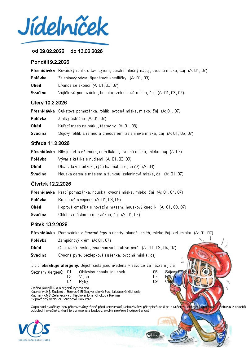 Jídelníček od 09. 02. 2026 - 13. 02. 2026