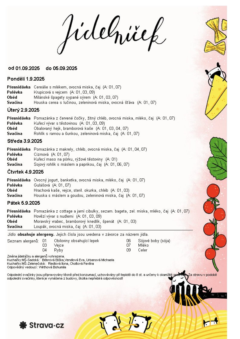 Jídelníček od 01. 09. 2025 - 05. 09. 2025
