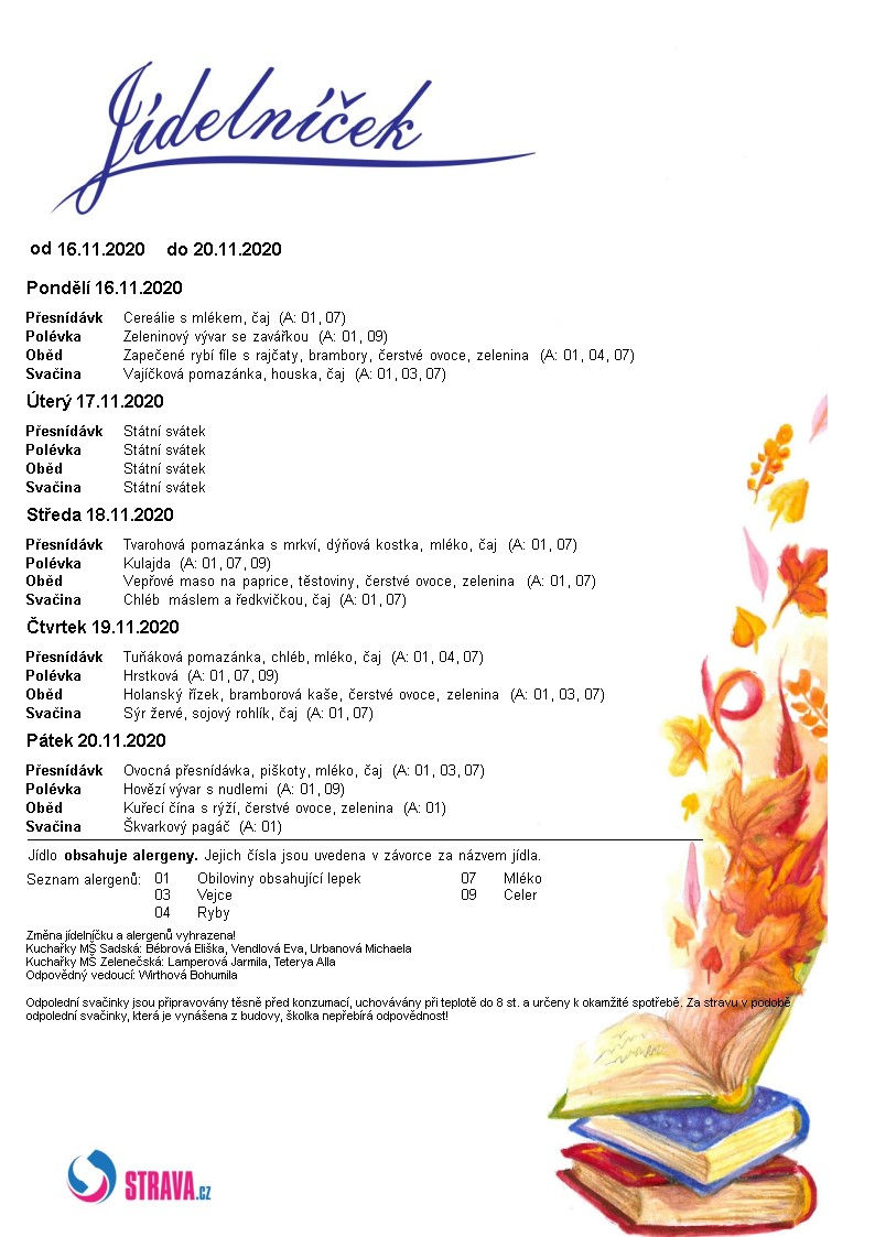Jídelníček 16. 11. - 20. 11. 2020