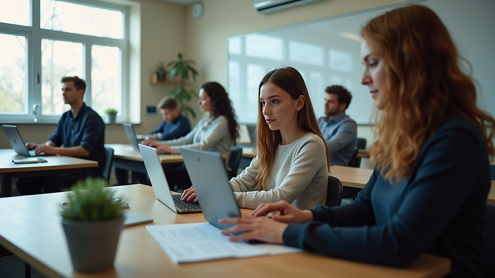 High angle view of a classroom with adult learners using laptops
