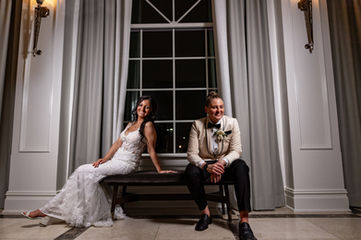 Bride and bride by the window, Brides on a bench
