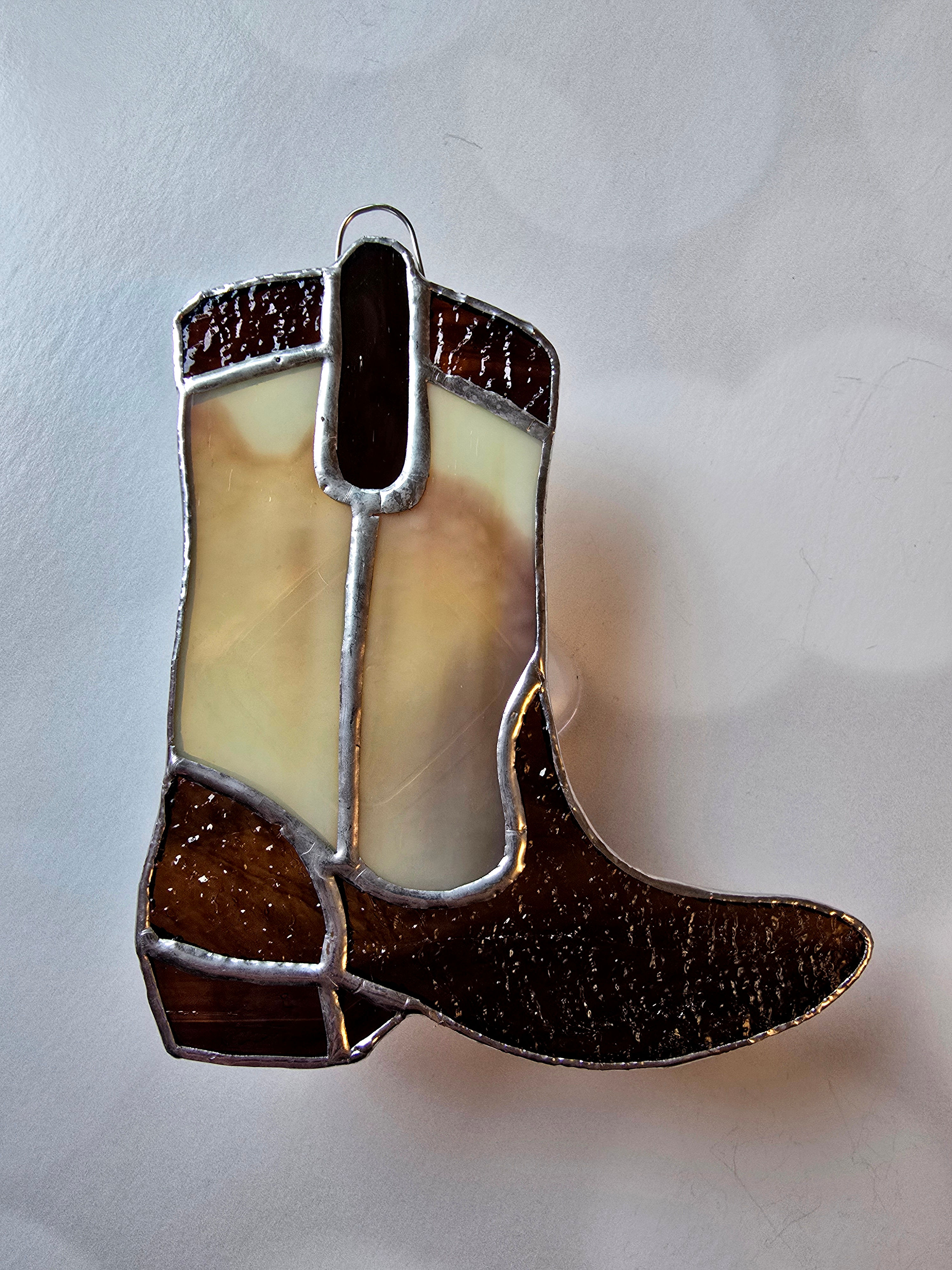 Brown and Dark Amber Stained Glass Cowboy Boot Suncatcher