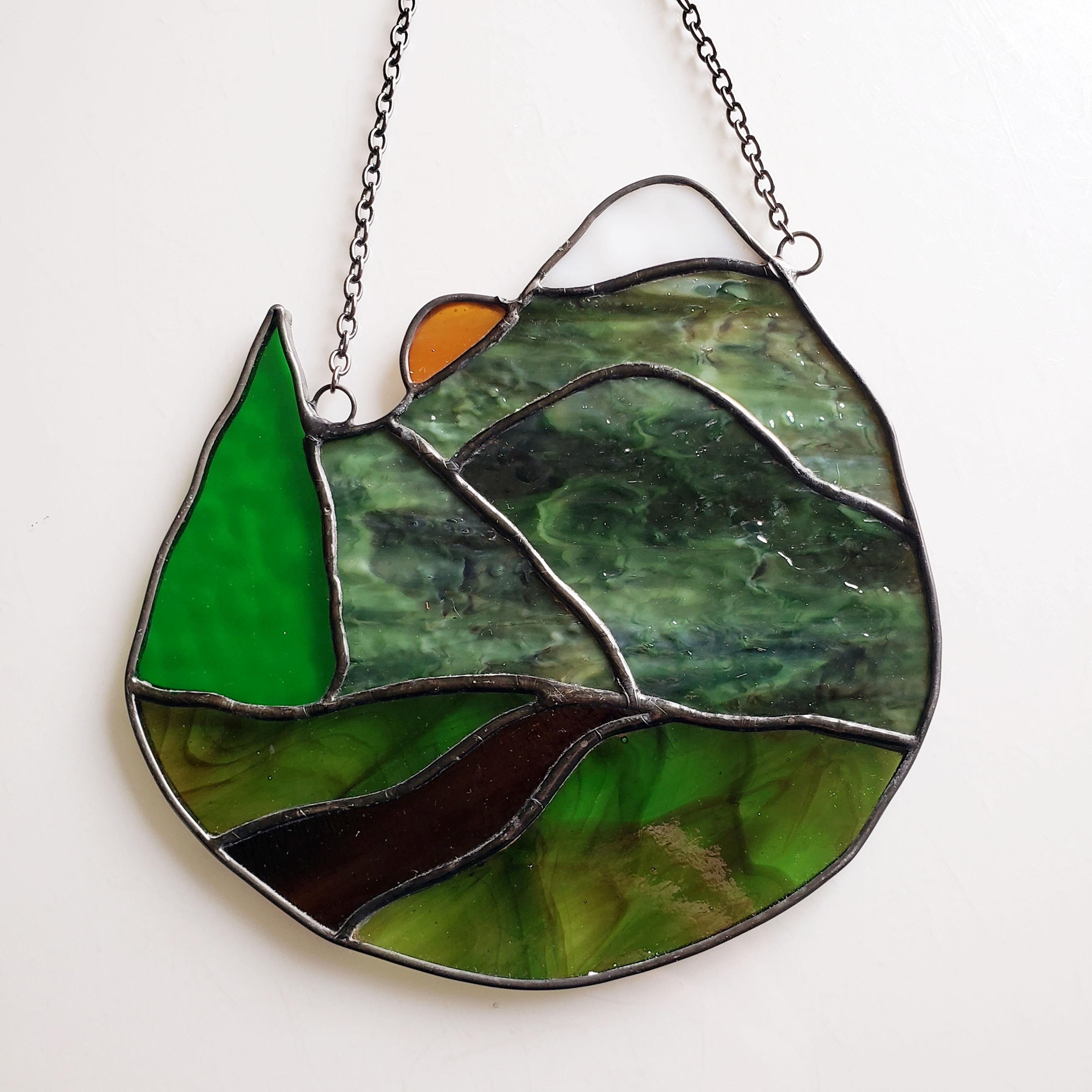 Summer Mountain Scene Stained Glass Window Hanging Suncatcher