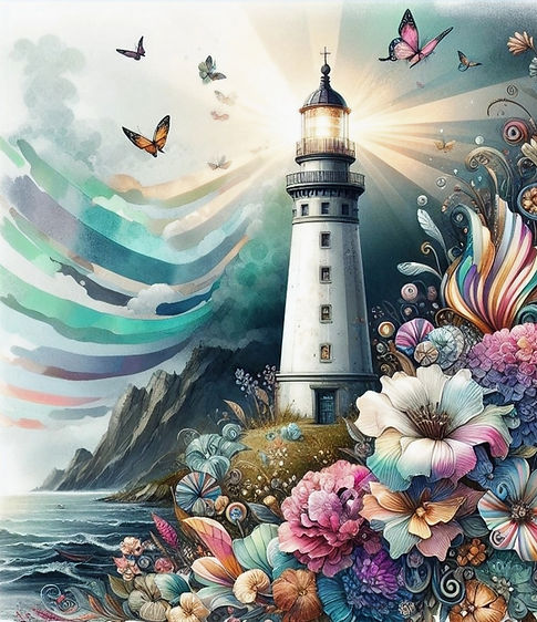fictional lighthouse and large whimsical flowers