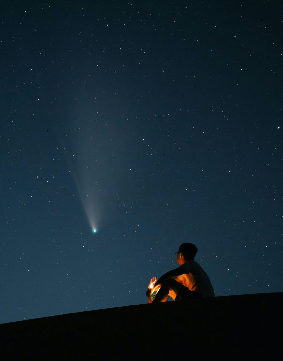 person sitting watching a comet in the night sky