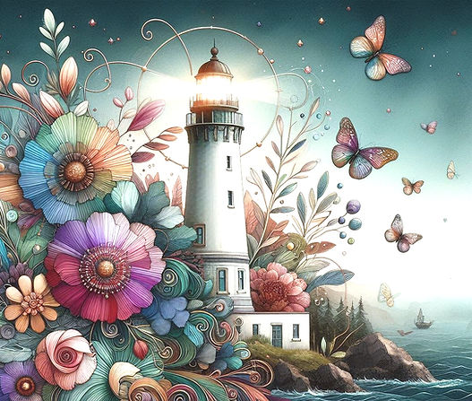 lighthouse by the sea with whimsical flowers