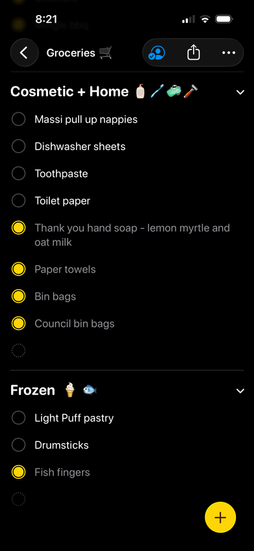 My actual groceries List (that we've had since 2018). 