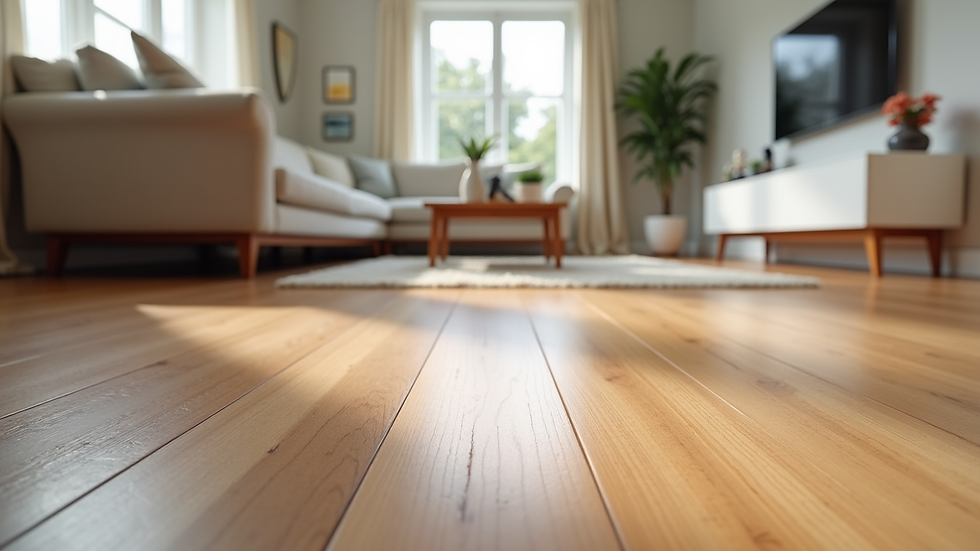 Eye-level view of a modern living room with installed hardwood flooring