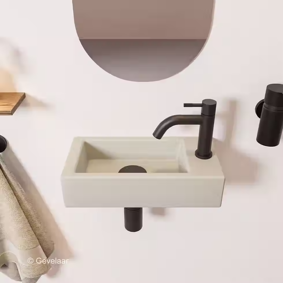 Zaphir Ceva fonteinset beige 40 cm rechts schuin gebogen kraan mat zwart