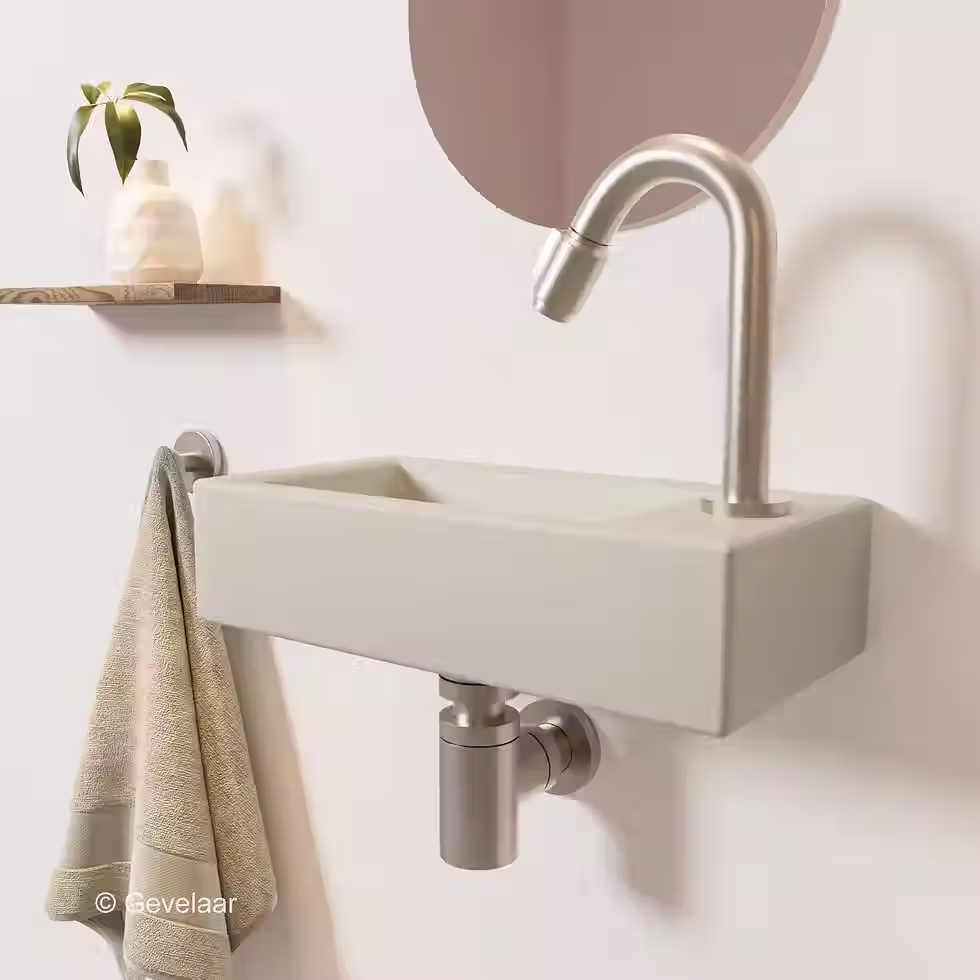 Thumbnail: Tanaro Ceva fonteinset beige 40 cm rechts gebogen kraan RVS