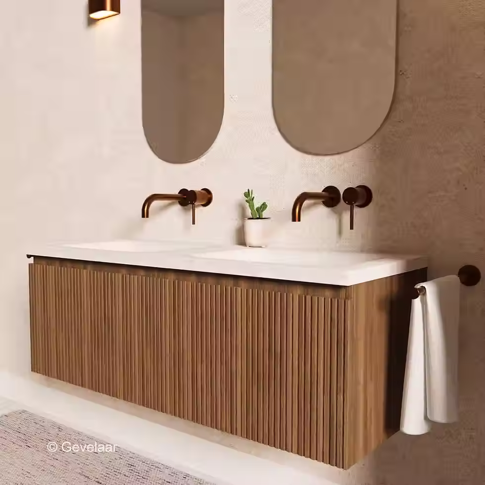 Stravertin ribbel noten badmeubel 120 cm - Brauer Dune travertin 0 kraangaten