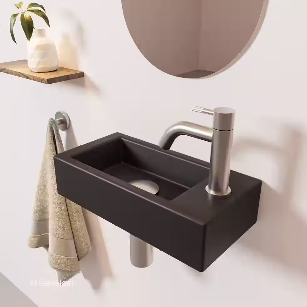 Thumbnail: Zaphir Ceva fonteinset mat zwart 40 cm rechts schuin gebogen kraan RVS