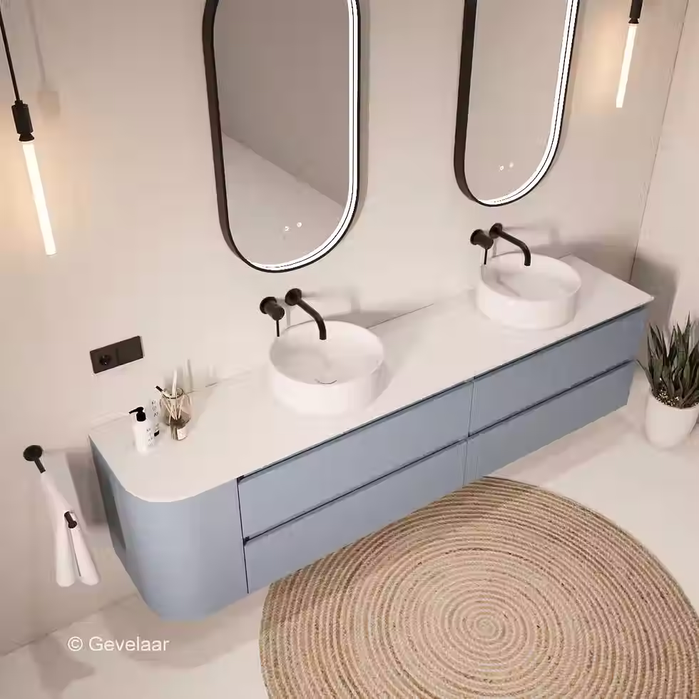 Thumbnail: SoXeL badmeubel mis blauw afgeronde hoek dubbel afdekblad mat wit links 220cm