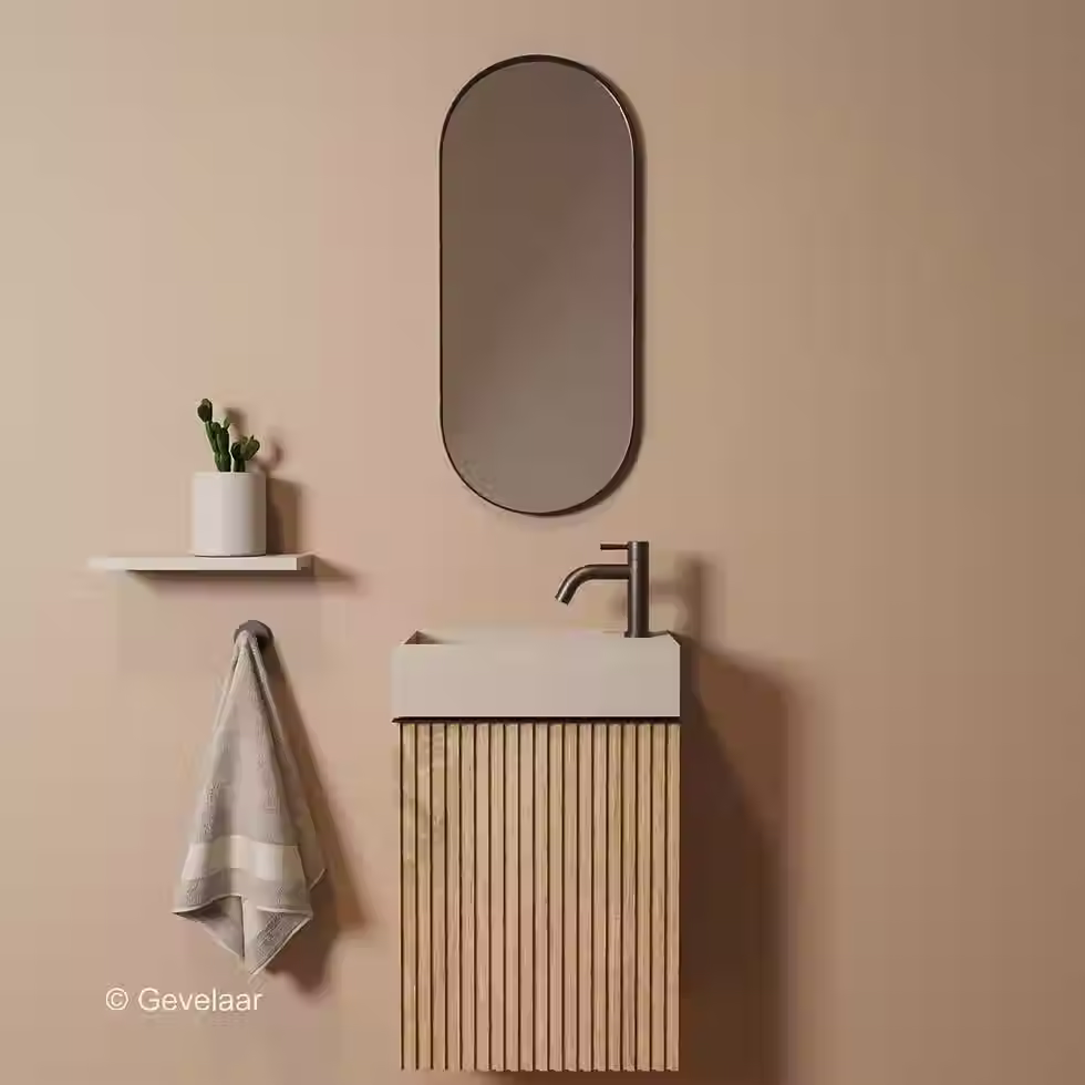 Thumbnail: Zaphir Freshdip fonteinset eiken wasbak beige rechts schuin gebogen gunmetal