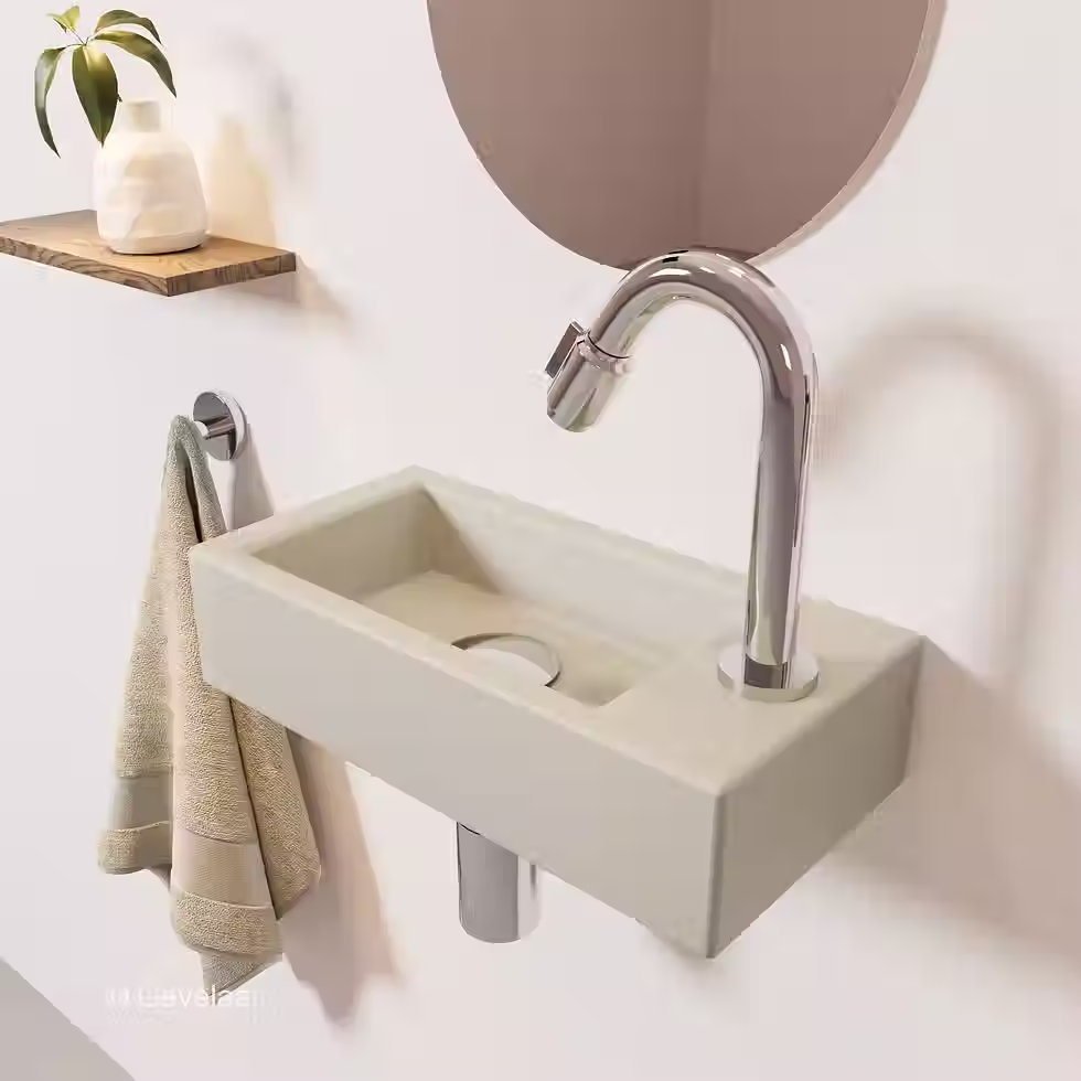 Thumbnail: Tanaro Ceva fonteinset beige 40 cm rechts gebogen kraan chroom