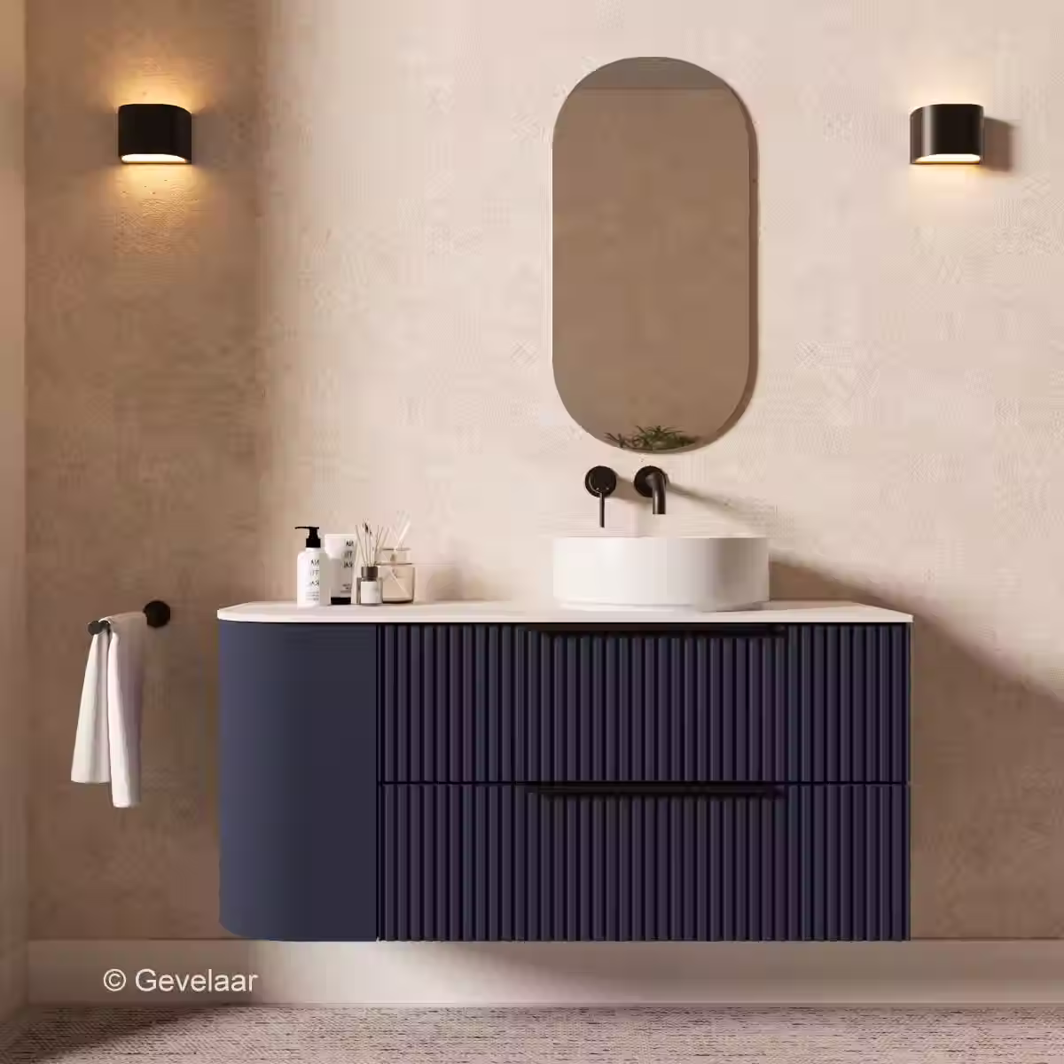 SoXeL Rib badmeubel intens blauw afgeronde hoek afdekblad mat wit links 120cm