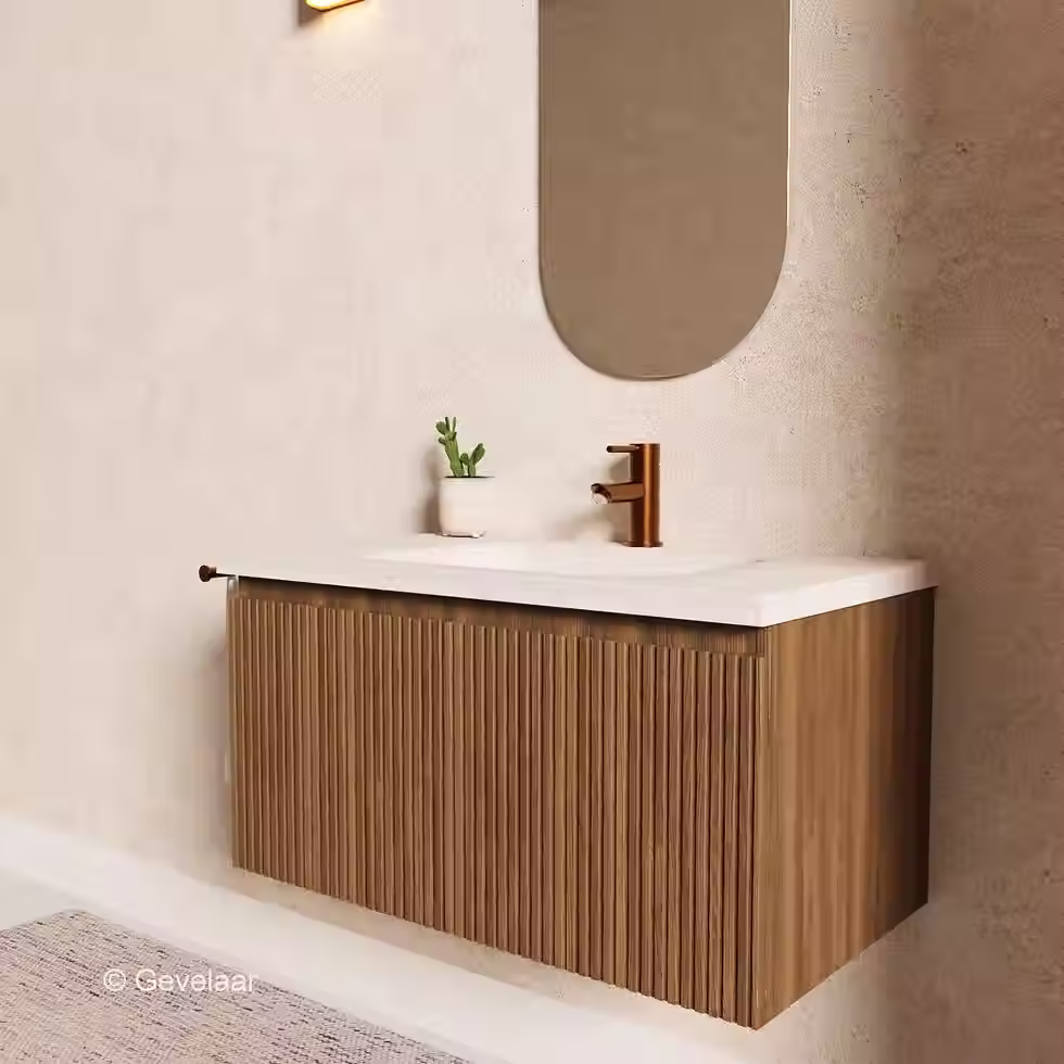 Stravertin ribbel noten badmeubel 80 cm - Brauer Dune travertin 1 kraangat
