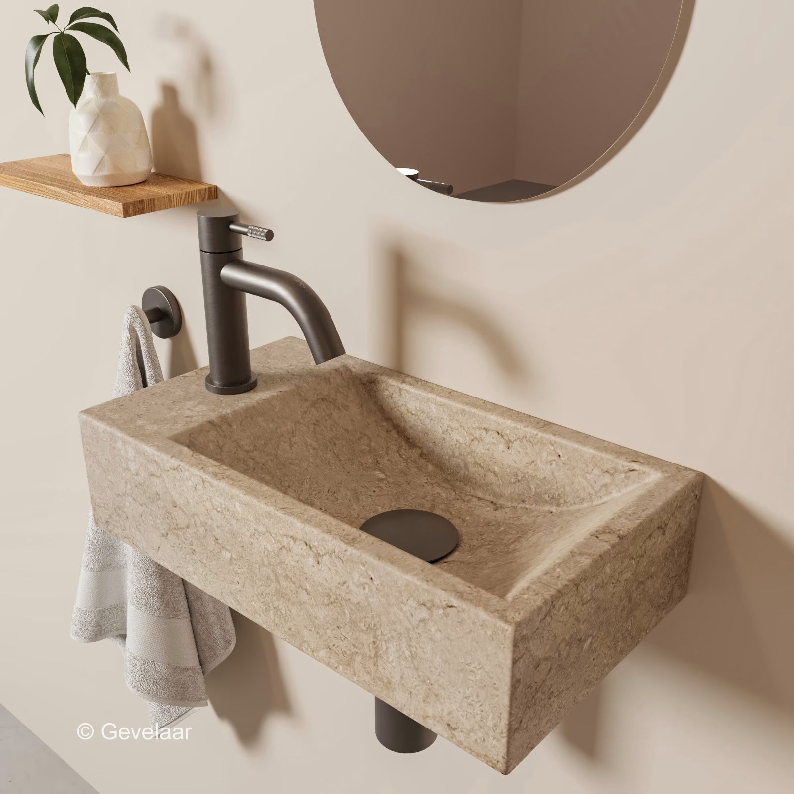 Zaphir Freshdream Fonteinset travertin links kraan schuin gebogen gunmetal