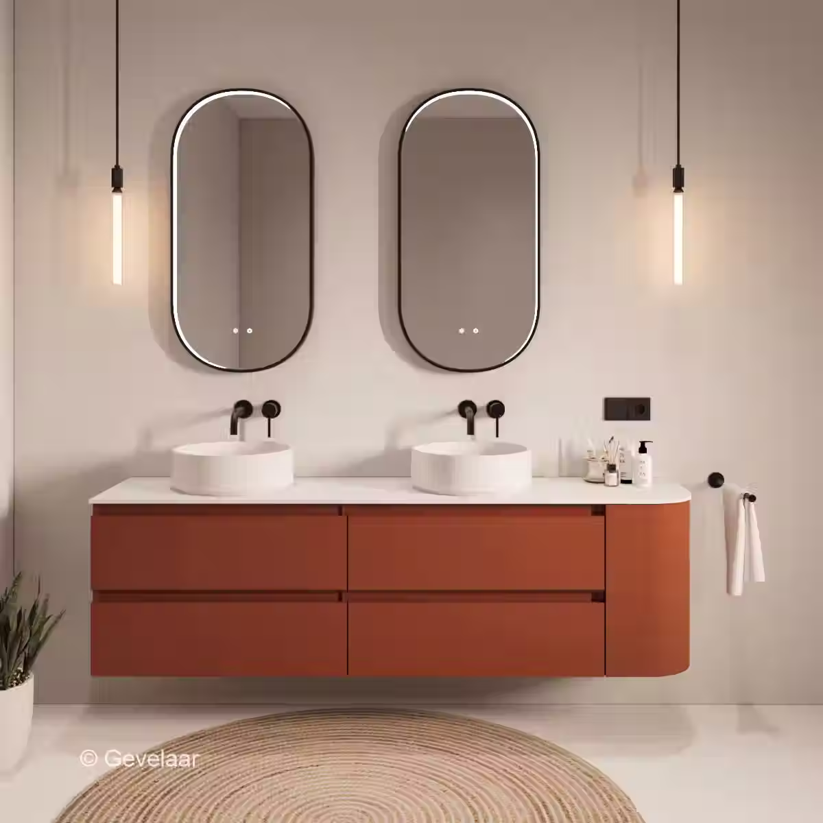 SoXeL badmeubel Terra afgeronde hoek dubbel afdekblad mat wit rechts 190cm