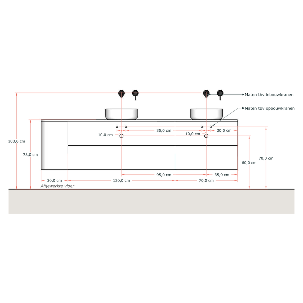 Thumbnail: SoXeL Rib badmeubel Noten afgeronde hoek dubbel afdekblad mat wit links 220cm