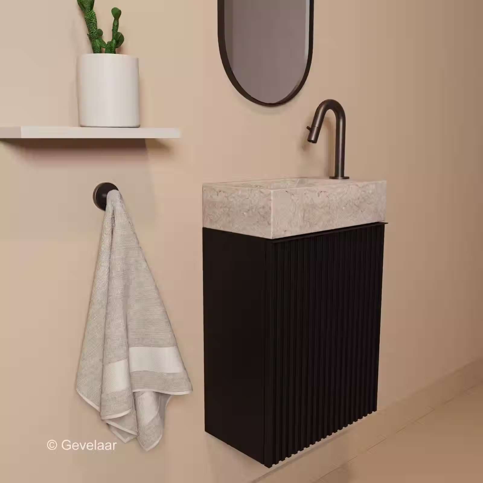 Zaphir Freshdream fonteinset zwart travertin rechts gebogen gunmetal