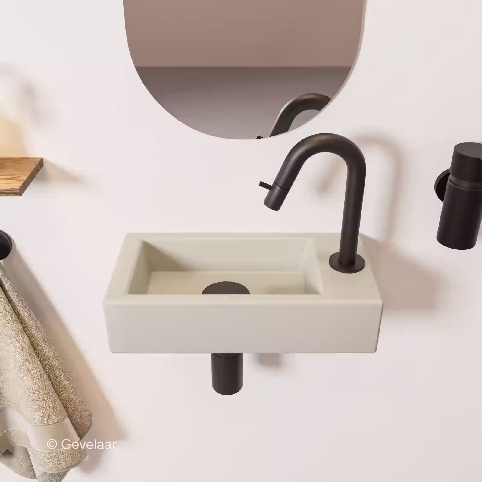 Zaphir Ceva fonteinset beige 40 cm rechts gebogen kraan mat zwart