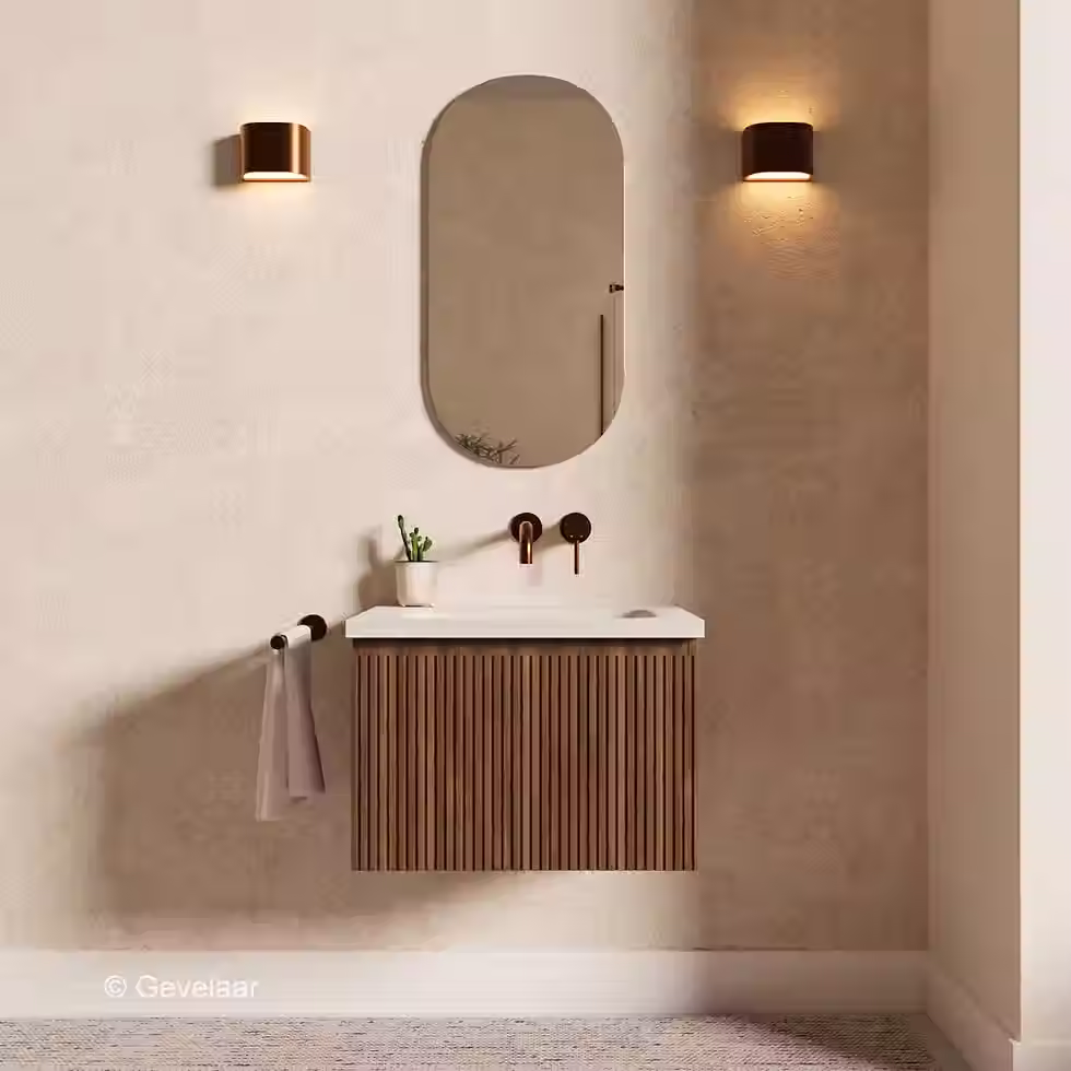 Stravertin ribbel noten badmeubel 60 cm - Brauer Dune travertin 0 kraangaten