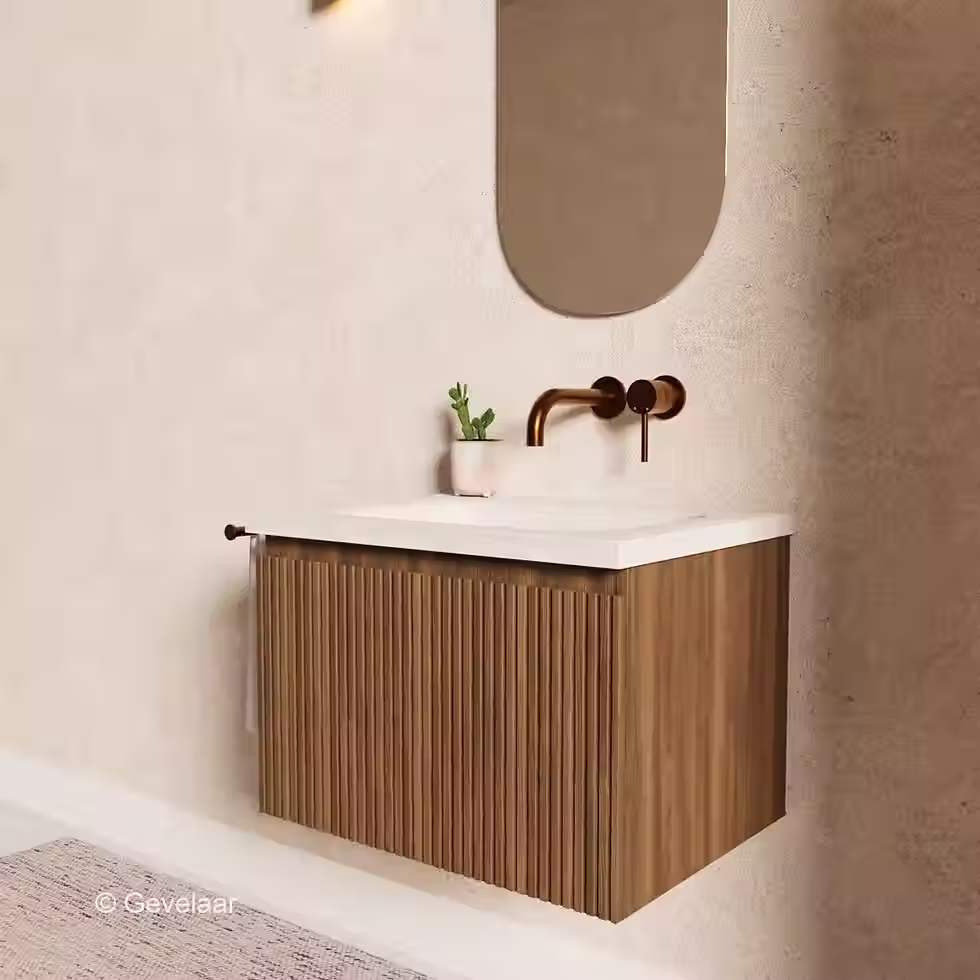 Stravertin ribbel noten badmeubel 60 cm - Brauer Dune travertin 0 kraangaten