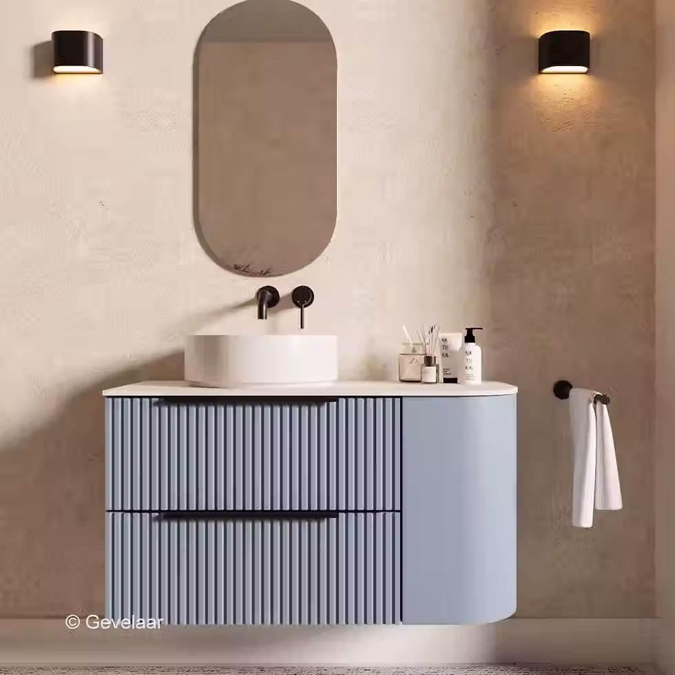 Thumbnail: SoXeL Rib badmeubel mis blauw afgeronde hoek afdekblad mat wit rechts 100cm
