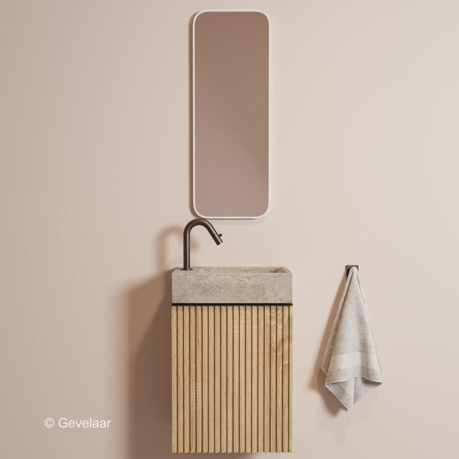Tanaro Freshdream Fonteinset kast eiken wasbak travertin links kraan gunmetal