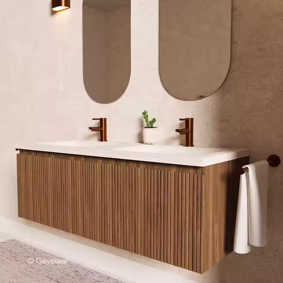 Stravertin ribbel noten badmeubel 120 cm - Brauer Dune travertin 2 kraangaten