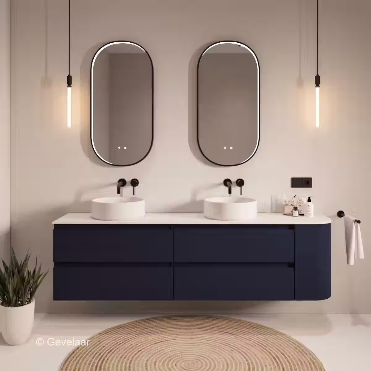SoXeL badmeubel intens blauw afgeronde hoek afdekblad mat wit rechts 200cm