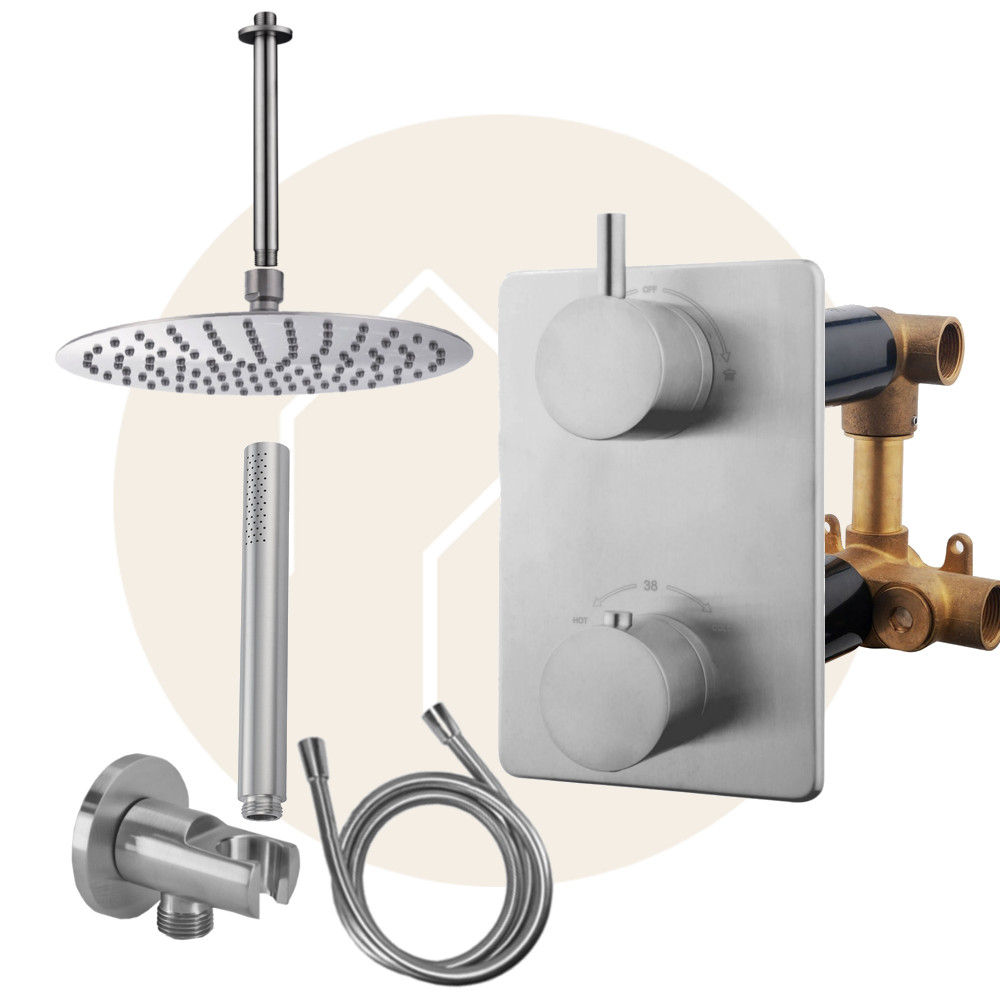 RVS look/geborsteld staal regendouche plafond 20 cm. of 30 cm. douchekop inbouw