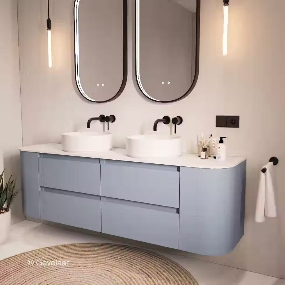 Thumbnail: SoXeL badmeubel mis blauw afgeronde hoeken dubbel afdekblad mat wit 180cm
