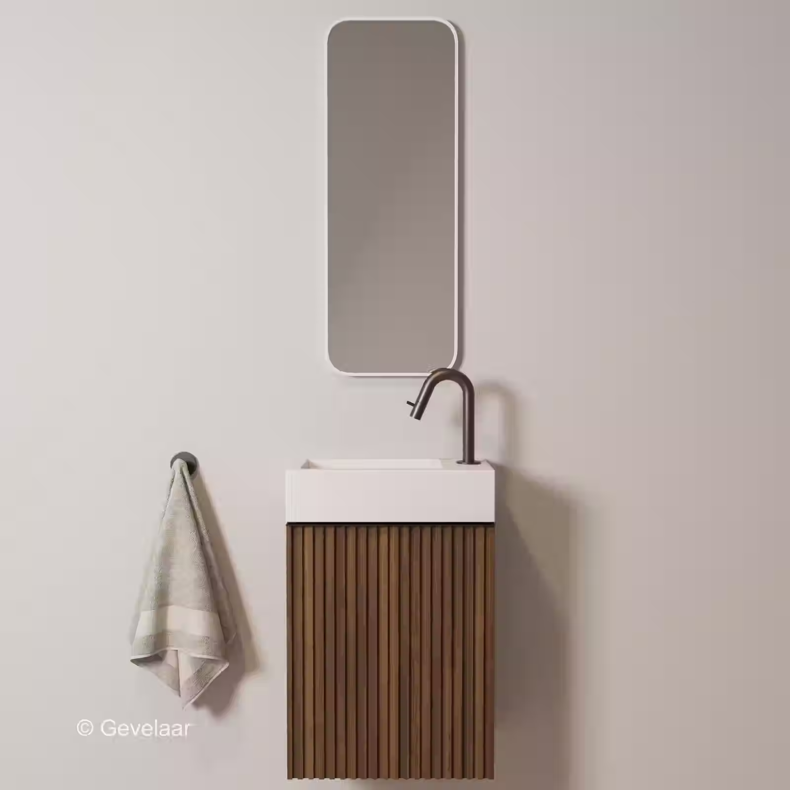 Zaphir Freshdip Fonteinset noten kast wasbak mat wit kraan gunmetal